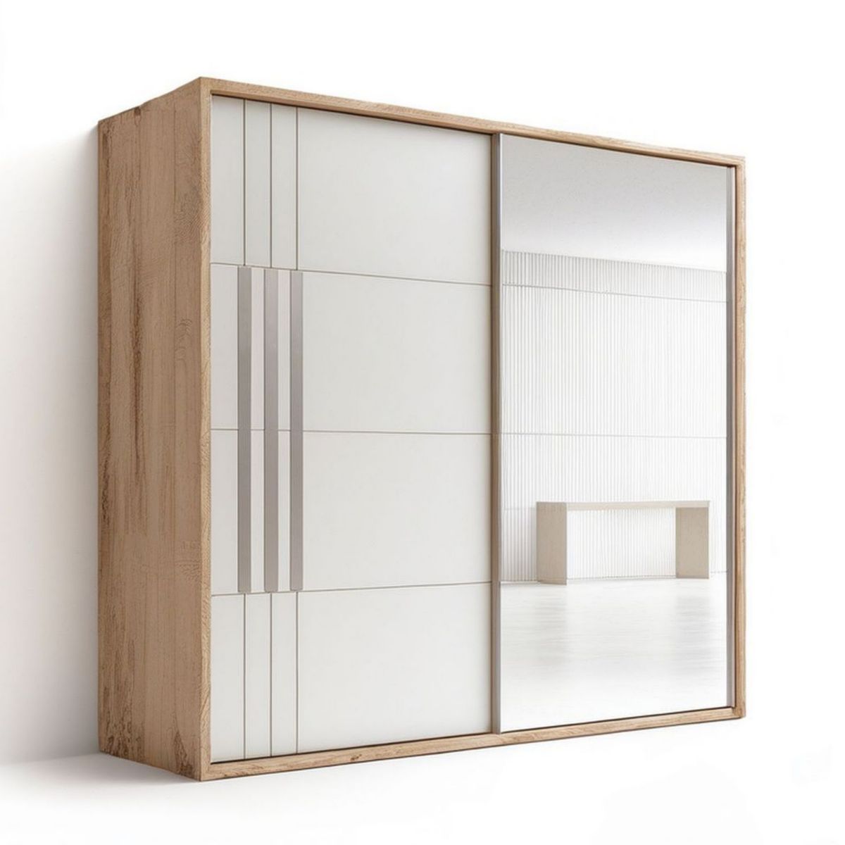 Szafa przesuwna z lustrem 200 x 60 x 215 cm, biała/dąb naturalny
