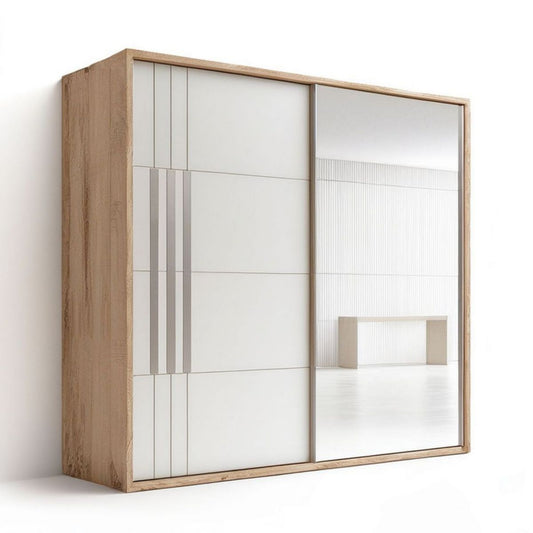 Szafa przesuwna z lustrem 200 x 60 x 215 cm, biała/dąb naturalny